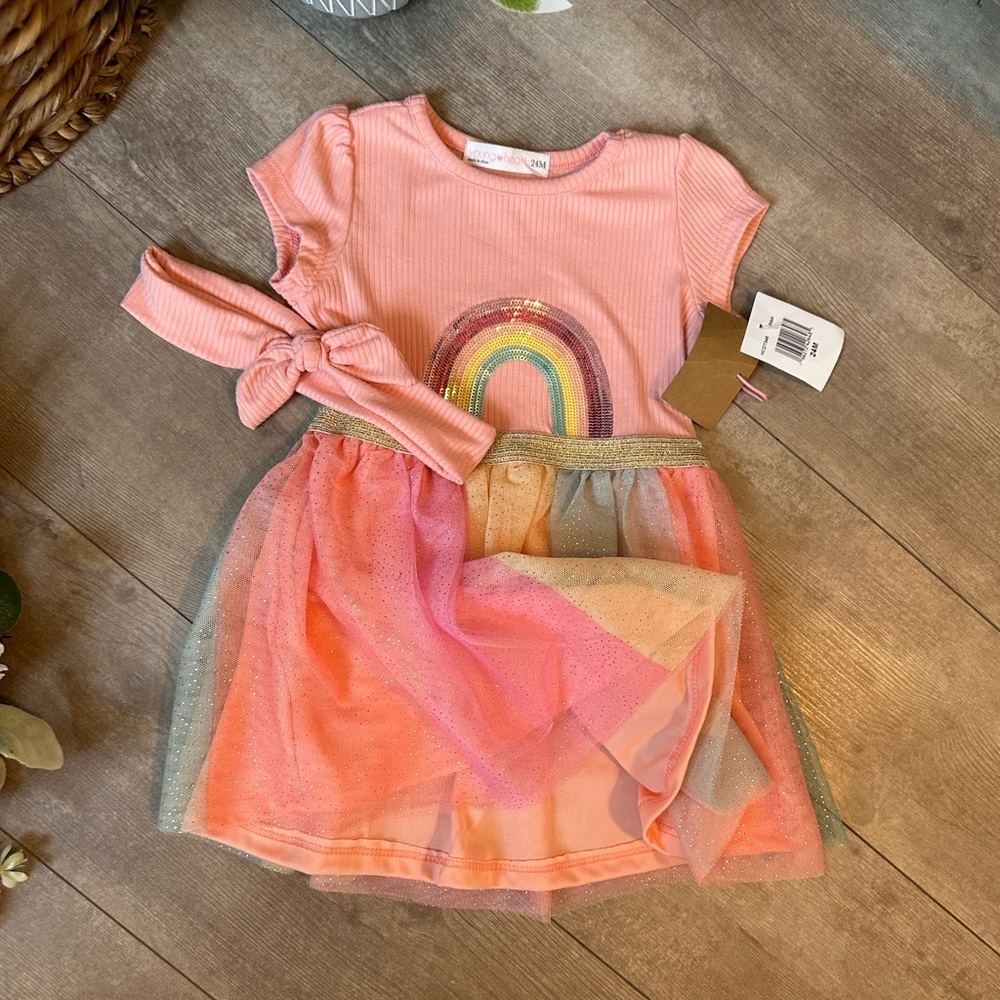 New Young Hearts Toddler Girl Pink Rainbow Tulle Twirl Dress & Hairband